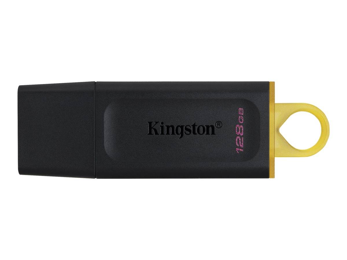 Schwarzes Kingston USB-Flash-Laufwerk mit gelbem Schlaufenende, auf weißem Hintergrund dargestellt.