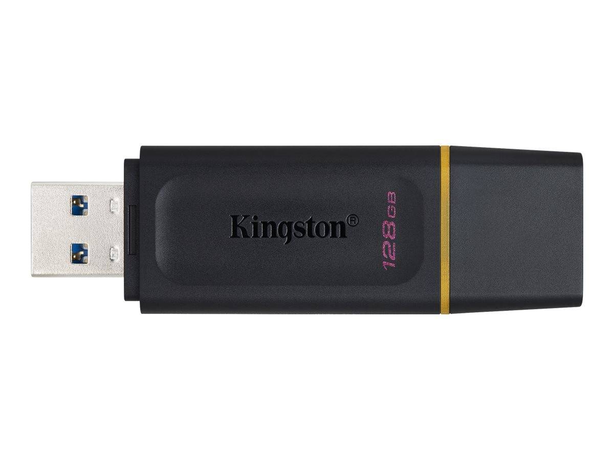 Schwarzes Kingston 128GB USB-Speicherlaufwerk mit USB-A-Anschluss, dargestellt auf weißem Hintergrund.