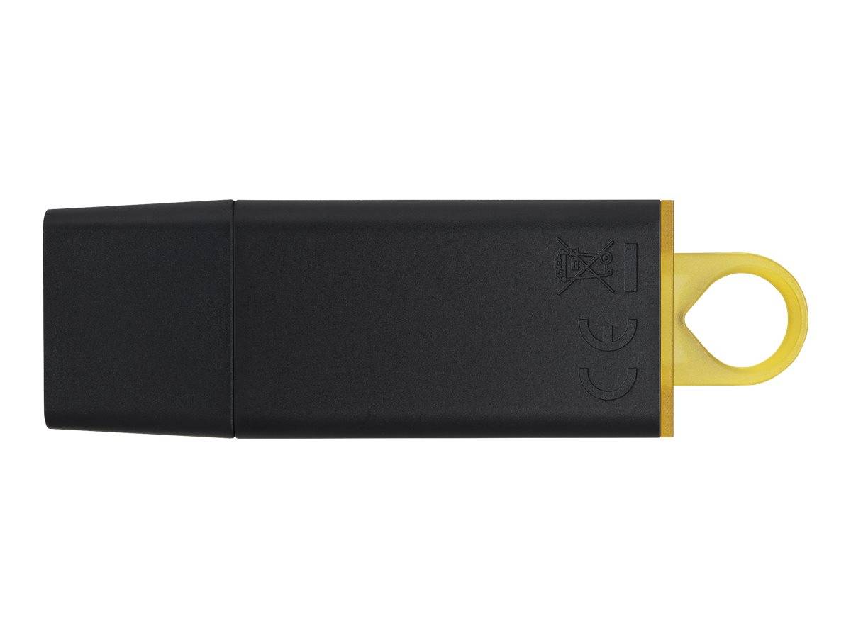 Schwarzes rechteckiges USB-Speicherlaufwerk mit einer gelben Schleifen- oder Zuglasche am rechten Ende.