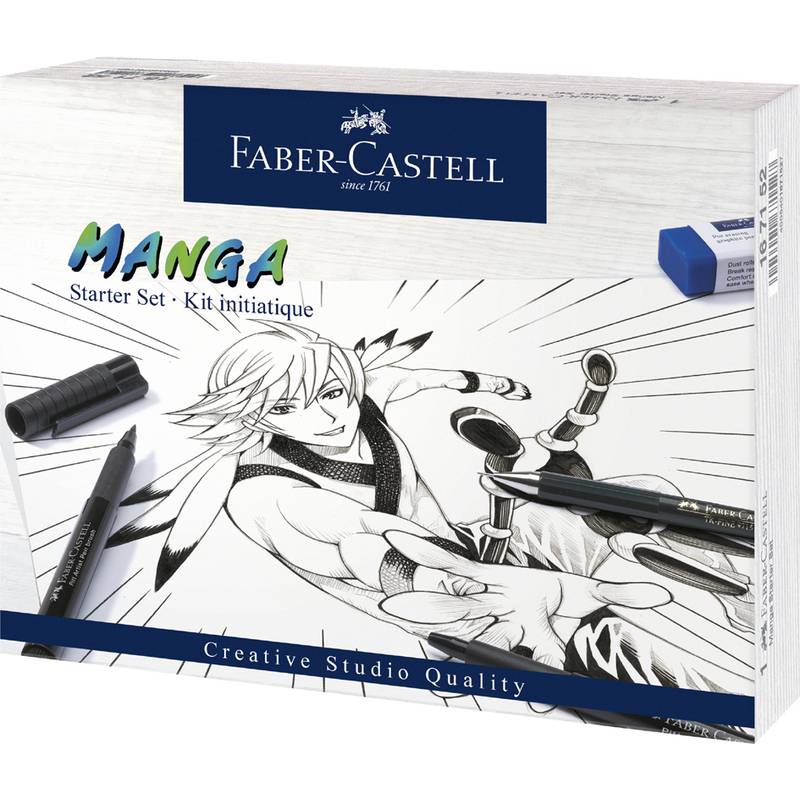 Faber-Castell Manga Starter Set mit einer schwarz-weißen Zeichnung eines dynamischen Manga-Charakters, der Zeichenutensilien hält.