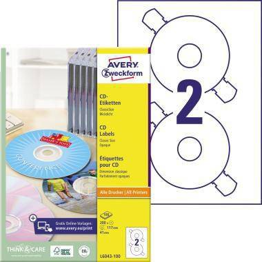 Avery Zweckform CD-Etikett Vorlagenpaket für zwei runde Etiketten auf einem Blatt, gezeigt mit einem Beispiel eines beschrifteten CD-Designs.
