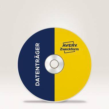 Blau und gelbe CD mit der Beschriftung 'DATENTRÄGER' und 'Avery Zweckform' auf weißem Hintergrund.