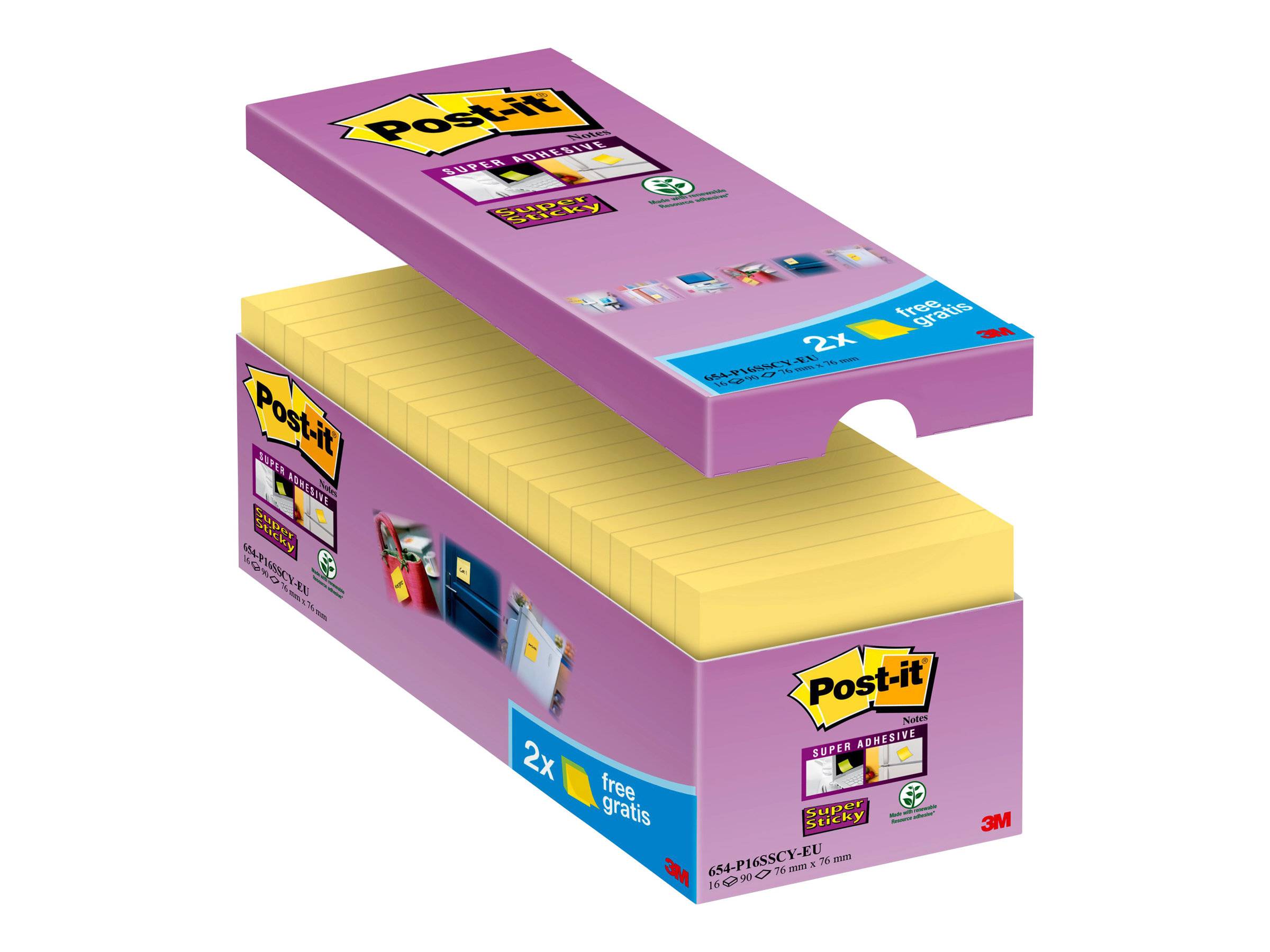 Packung Haftklebende Super Sticky Notes von 3M in einem violetten und gelben Spender-Karton mit verschiedenen Notizgrößen und 3M-Branding.