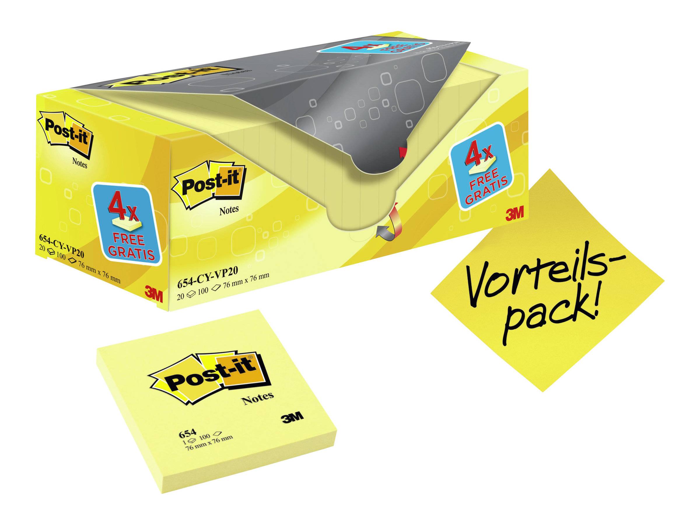 Post-it Notizen Sparpack in gelber Verpackung mit einem Spender, zeigt „4x gratis