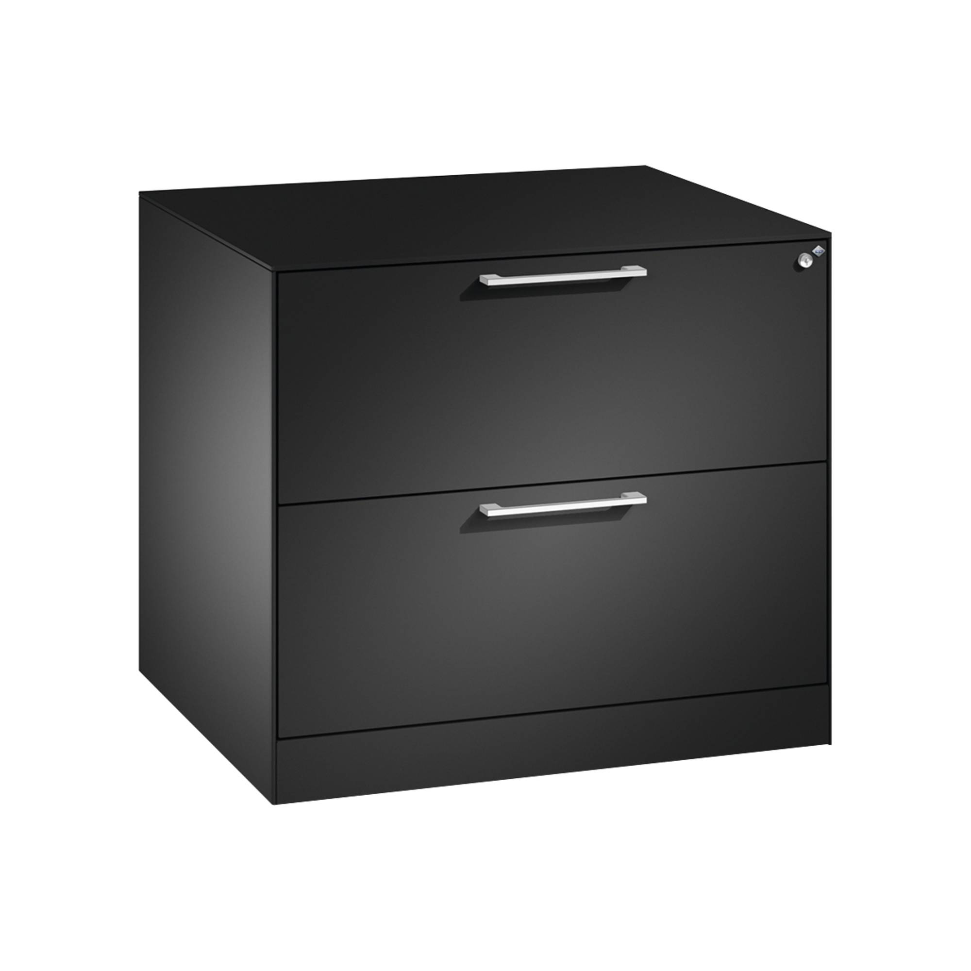 Schwarzer zweiflächriger Aktenschrank mit silbernen Griffen auf weißem Hintergrund.