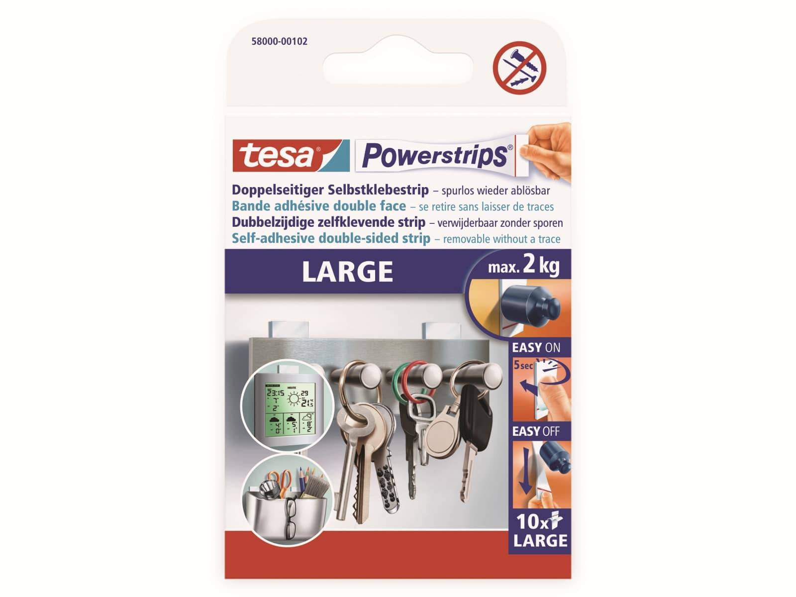Verpackung für tesa Powerstrips Large selbstklebende doppelseitige Streifen, max. 2 kg, mit einfach anzubringenden/einfach zu entfernenden Anweisungen und Abbildung von Aufhängeschlüsseln.