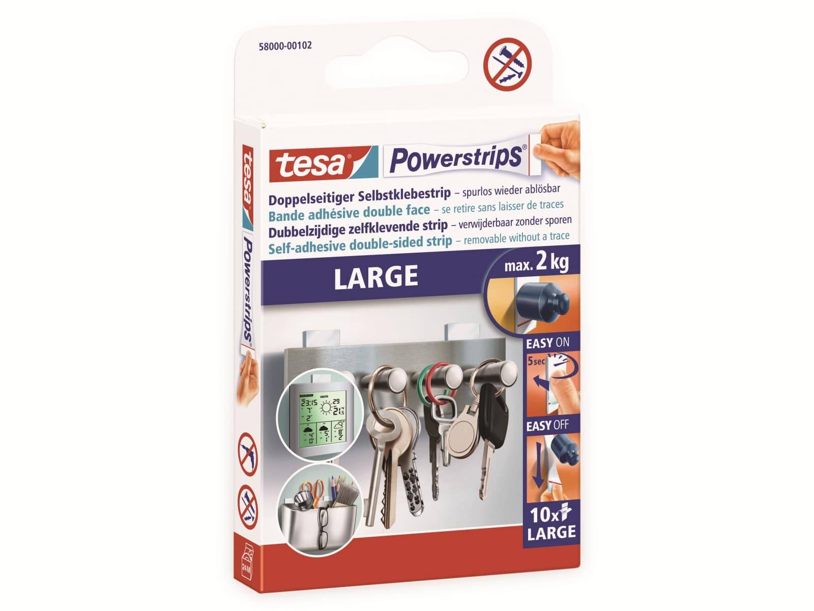 Verpackung für tesa Powerstrips Large selbstklebendes doppelseitiges Klebeband, spurlos entfernbar, max. 2 kg, zum Aufhängen von Schlüsseln und kleinen Gegenständen.