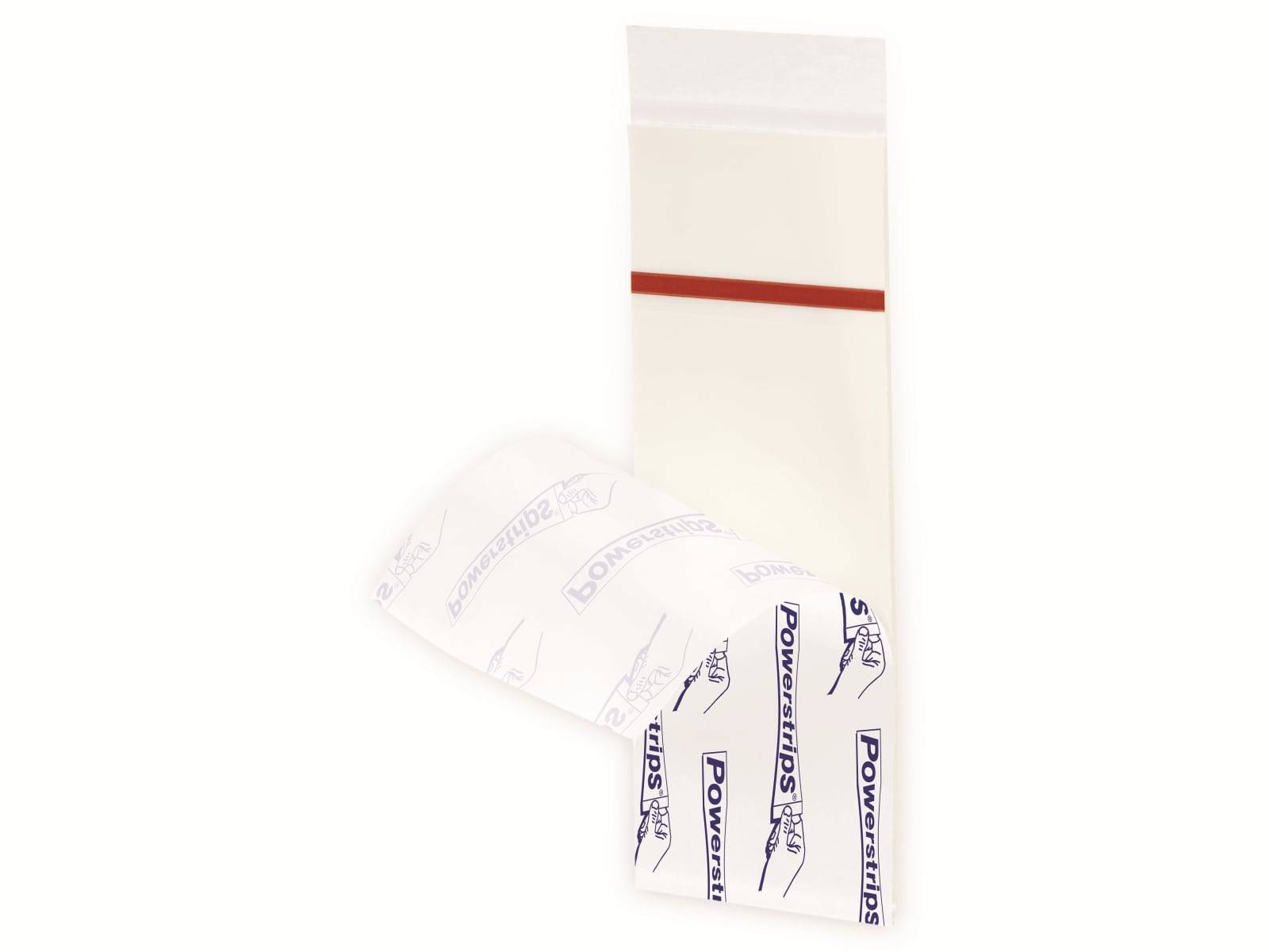Eine weiße Klebeetiketten-Rolle mit wiederholtem 'Powerstrips'-Branding vor einer schlichten weißen Spenderbox mit rotem Streifen.