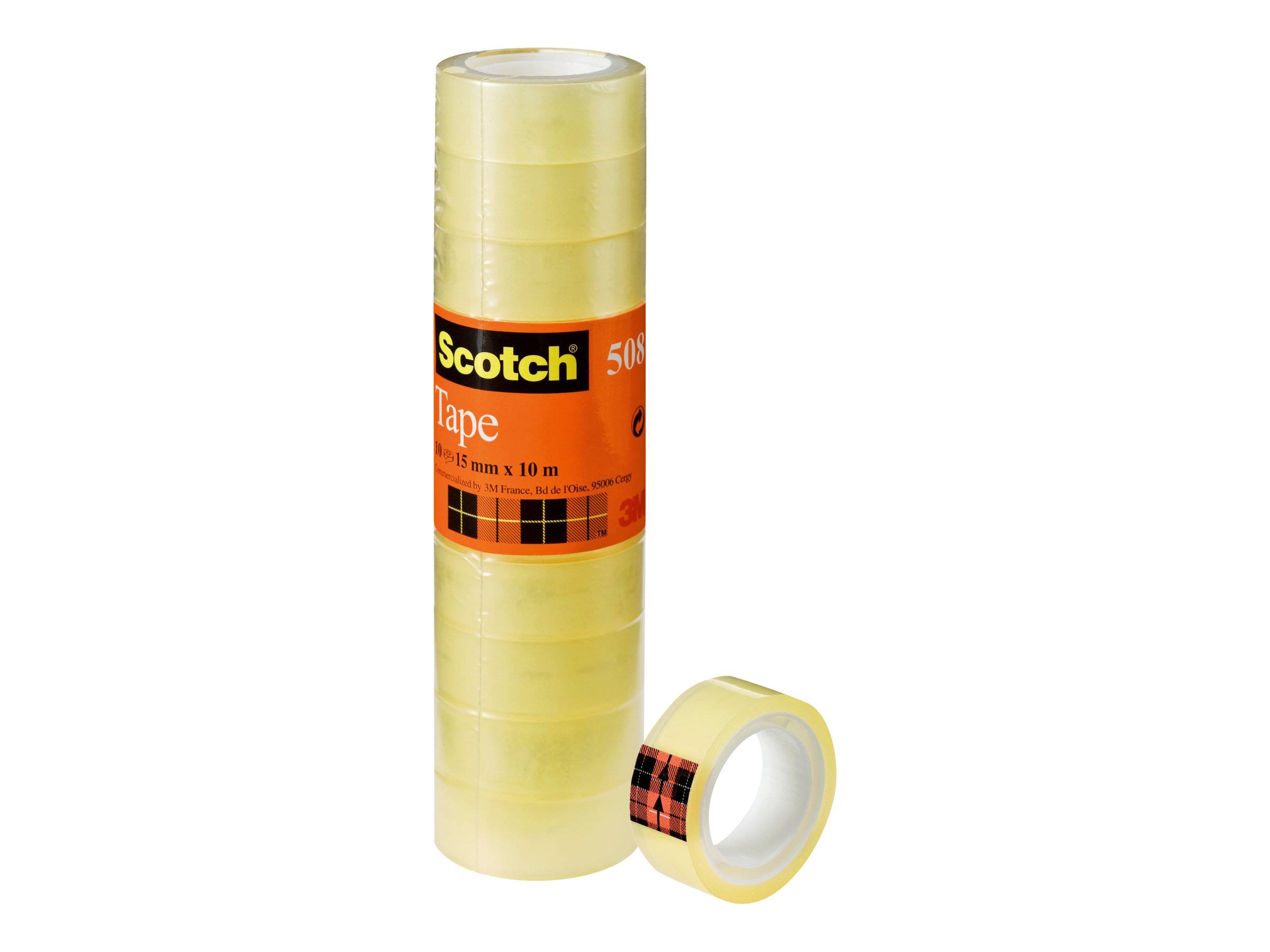 Rolle durchsichtiges Scotch-Klebeband mit einer kleinen lockeren Klebebandrolle daneben auf weißem Hintergrund.
