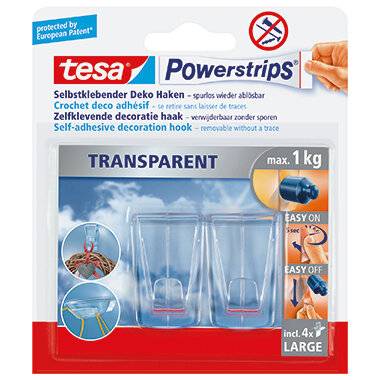 Verpackung für tesa Powerstrips transparente selbstklebende Dekorationshaken, max. 1 kg, 4er Pack große Haken.