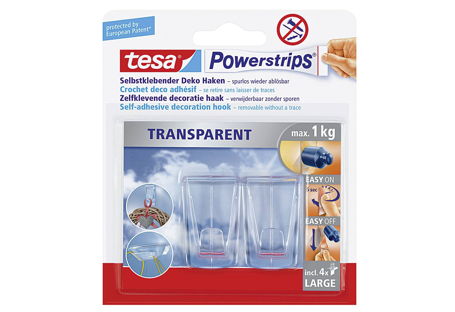 Verpackung für tesa Powerstrips transparente selbstklebende Dekorationshaken, max. 1 kg, mit einfachem An-/Ausziehen und 4 großen Haken im Lieferumfang enthalten.