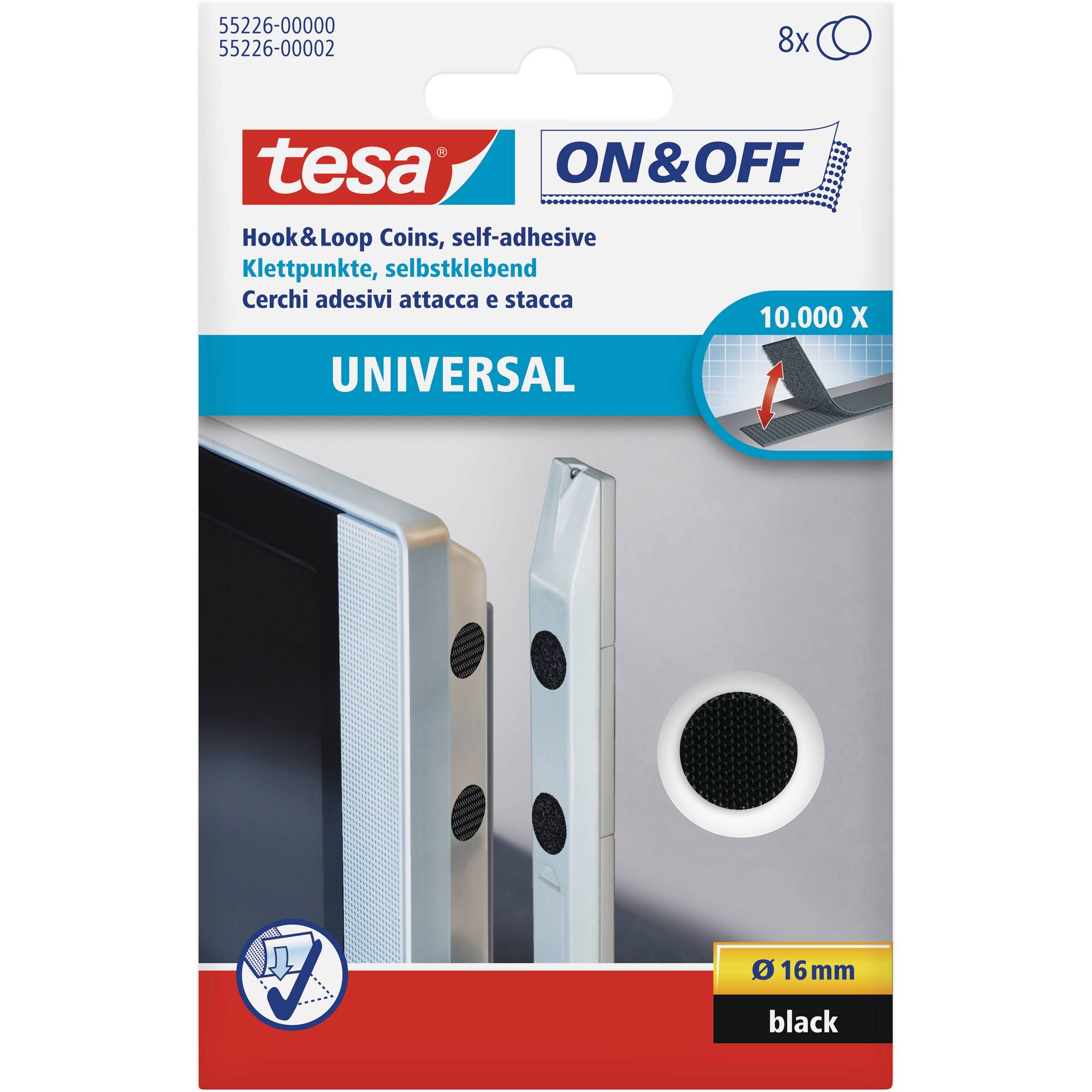 Tesa On & Off UNIVERSAL - Montagekleber - 1,6 cm Durchmesser - Schwarz (Packung mit 8)