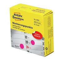 Gelbe Avery Zweckform-Box mit Markierungspunkten-Etiketten, die rosa kreisförmige Aufkleber zum Kennzeichnen von Daten oder Gegenständen zeigt.