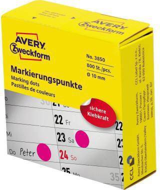 Avery Zweckform Markierungspunkte, gelbe Schachtel mit rosa Aufklebern, gekennzeichnet mit „Markierungs-punkte