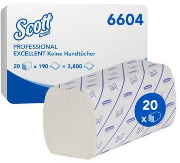 Packung Scott Professional Excellent Papierhandtücher, Produktnummer 6604, gekennzeichnet mit 20 x 190 Blatt entspricht 3.800 Tücher.