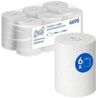 Packung mit sechs Scott Professional Essential Papiertüchern, dargestellt als ein Sechserpack und eine einzelne Rolle mit einem „6x