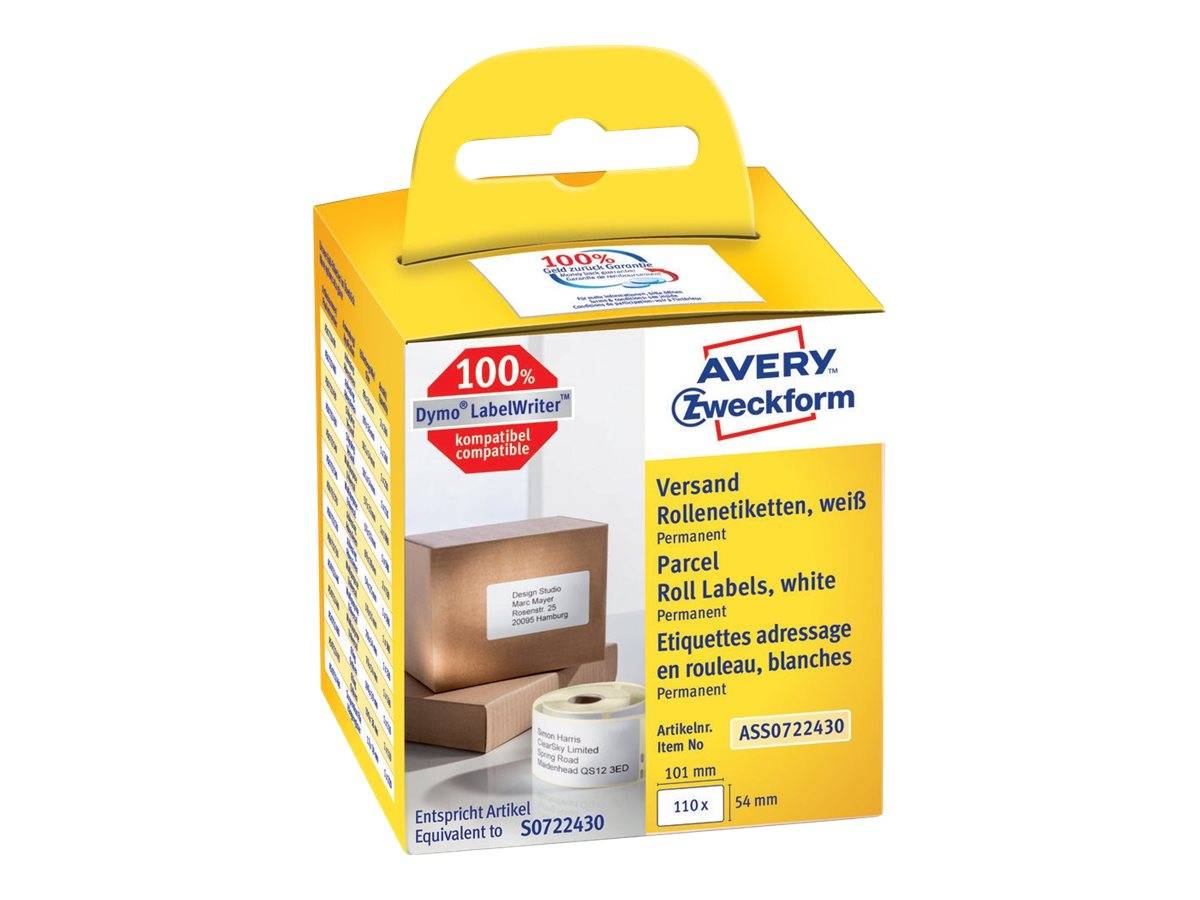 Avery Zweckform Weiße Paketrolle Etikett Packung, mit 100 Etiketten pro Rolle, Etikettengröße 110 x 54 mm, für Versand- und Adressenverwendung.
