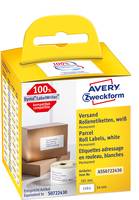 Gelbe Avery Zweckform-Schachtel mit weißen selbstklebenden Paketrolle-Etiketten, auf der Vorderseite eine Schachtel und eine Etikettenrolle zu sehen.