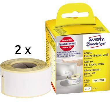 Zwei weiße Avery Zweckform Adressenetikettrol­len, dargestellt als 2x, mit gelber Verpackung für Dymo LabelWriter-Kompatibilität.