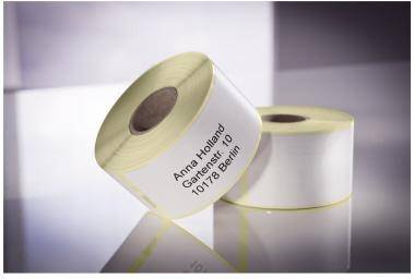 Zwei Toilettenpapierrollen mit individuell bedruckten Etiketten, eine mit der Aufschrift „Anna Holland, Gartenstr. 10, 10178 Berlin