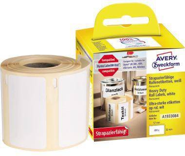Rolle mit leeren weißen Klebeetiketten neben einer Verpackung von Avery Zweckform Heavy Duty Roll Labels mit gelbem Griffdesign.