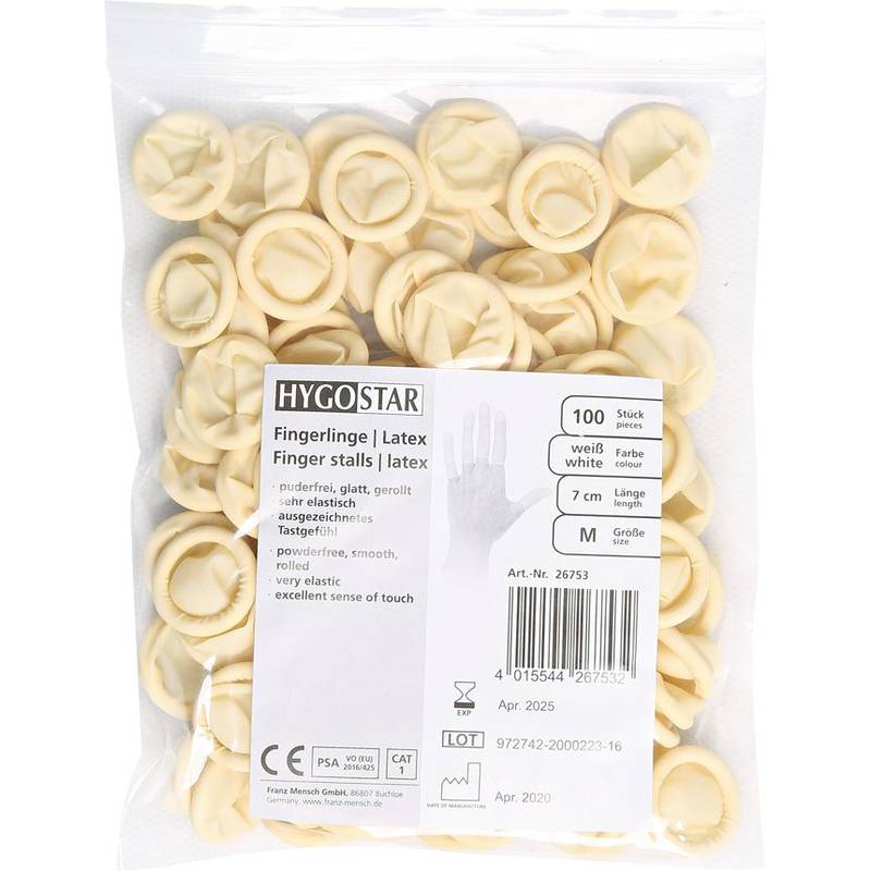 Eine durchsichtige Plastiktüte mit 100 beigen Latex-Fingerstülpen. Etikett liest: 'HYGOSTAR, Fingerlinge, Latex, Größe M, Farbe: weiß.