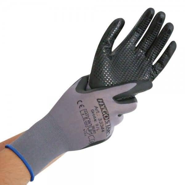 Nylon-Feinstrick-Handschuh Ergo Flex mit Noppen L/9 grau-schwarz VE=12 Paar
