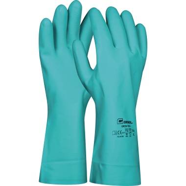 Paar türkise Schutzhandschuhe aus Gummi nebeneinander auf weißem Hintergrund angeordnet, wobei auf einem Handschuh gedruckte Sicherheitsmarkierungen zu sehen sind.