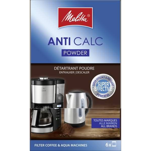 Melitta Anti Calc Pulver Entkalker für Filterkaffee- und Aqua-Maschinen, beschriftet mit „Besonders wirksam