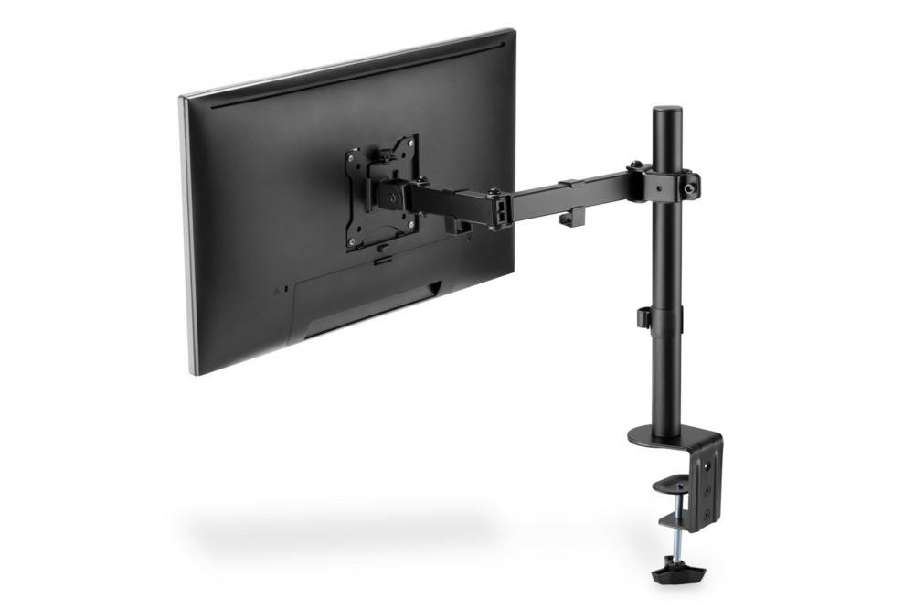 Eine einzelne Monitorhalterung mit verstellbarem Halter, die einen ausziehbaren Arm und eine Klemmvorrichtung zur Befestigung am Schreibtisch zeigt, entwickelt für ergonomische Nutzung.