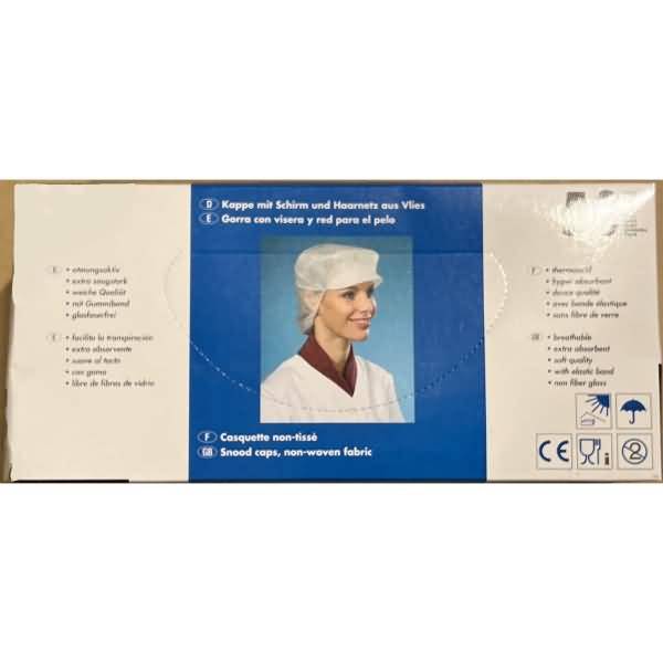 Kappen mit Schirm und Haarnetz 30cm Vlies weiß VE=50 Stück