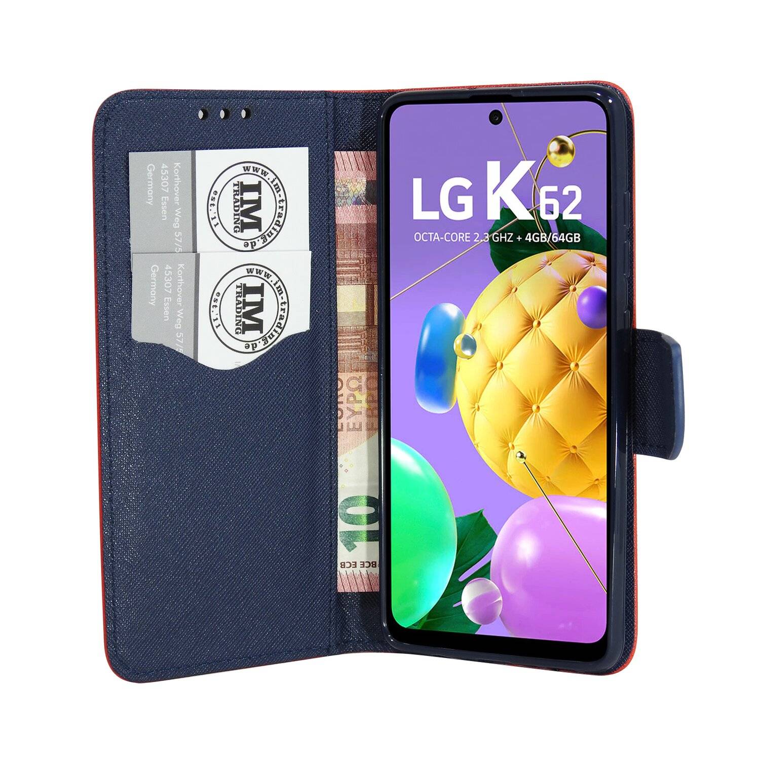 Buch Tasche "Fancy" für LG K62 Handy Hülle Etui Brieftasche Schutzhülle mit Standfunktion, Kartenfach Rot-Blau