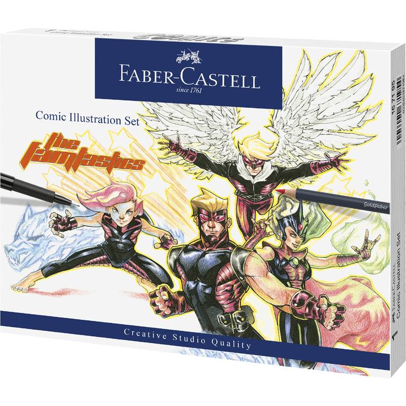 Faber-Castell Comic Illustration Set - Verpackung mit vier dynamischen, farbenfrohen Superhelden in eindrucksvollen Posen.