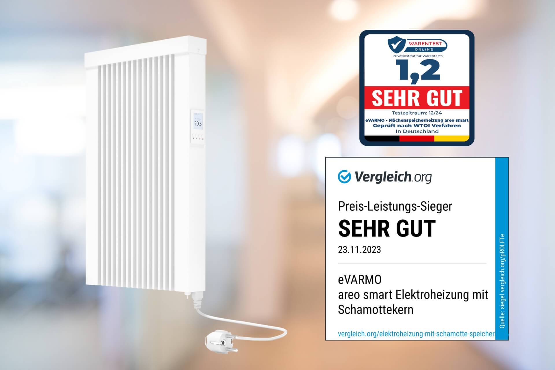 Elektroheizung areo smart Flächenspeicherheizung 650 Watt - digitales Thermostat mit LCD-Display - Option zur Appsteuerung von eVARMO