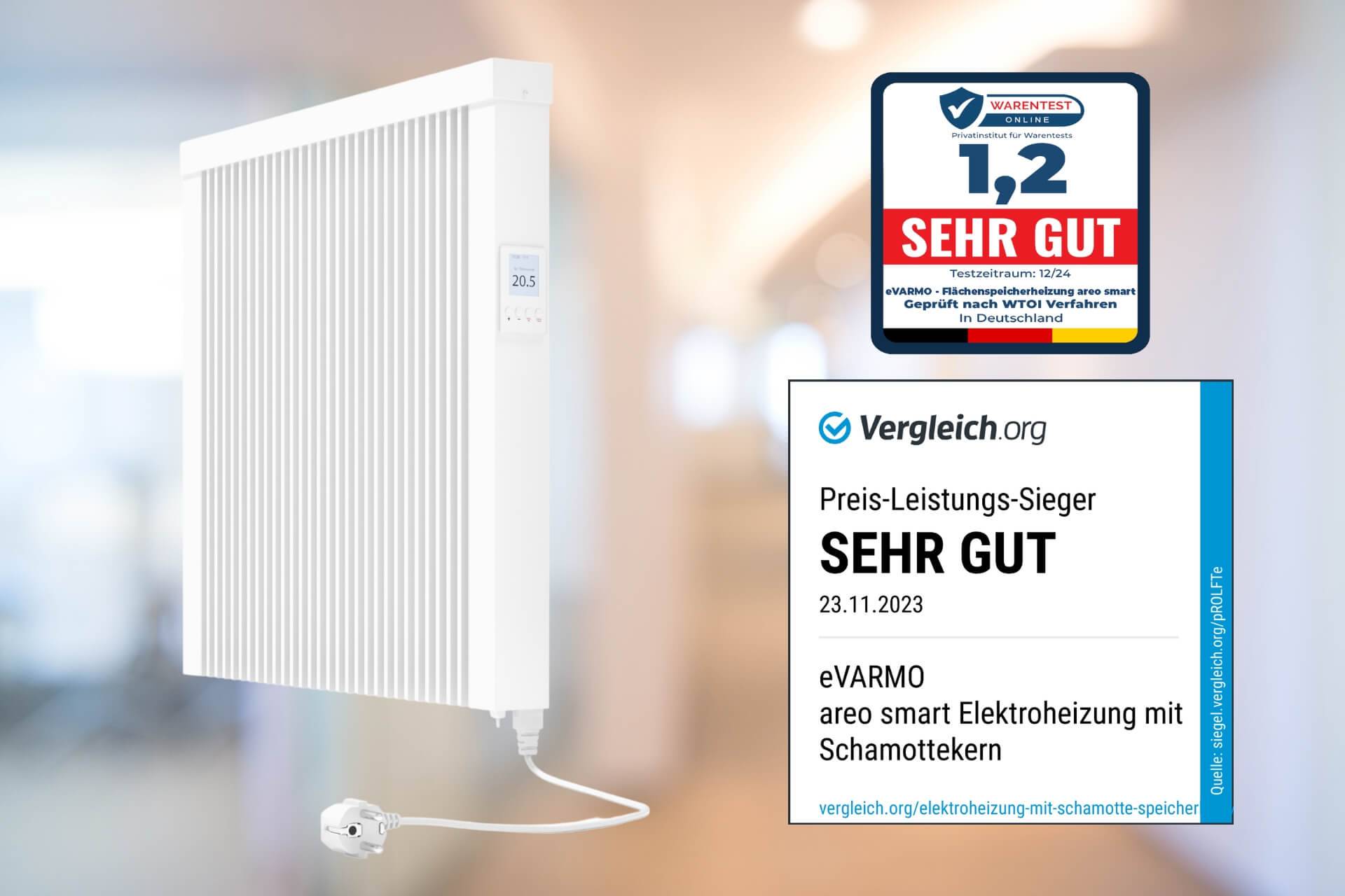 Elektroheizung areo smart Flächenspeicherheizung 1300 Watt - digitales Thermostat mit LCD-Display - Option zur Appsteuerung von eVARMO