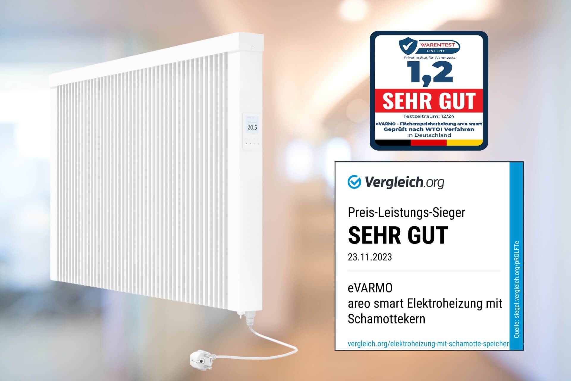 Elektroheizung areo smart Flächenspeicherheizung 1950 Watt - digitales Thermostat mit LCD-Display - Option zur Appsteuerung von eVARMO