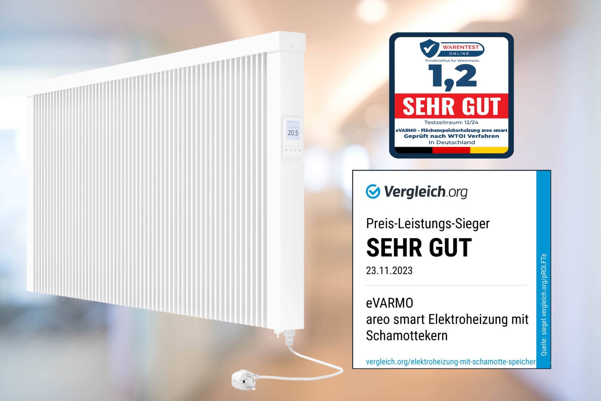 Elektroheizung areo smart Flächenspeicherheizung 2600 Watt - digitales Thermostat mit LCD-Display - Option zur Appsteuerung von eVARMO