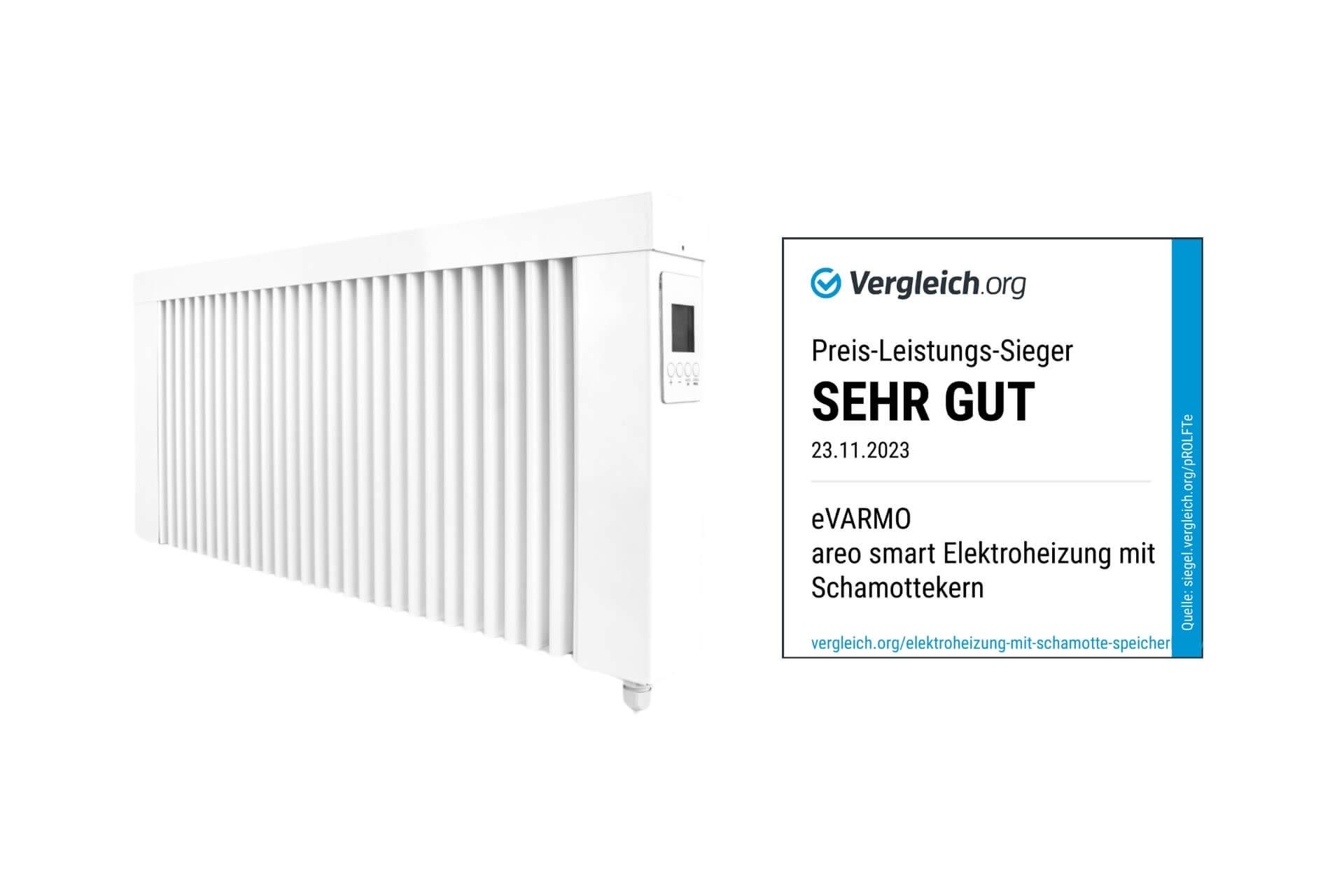 Elektroheizung areo smart base niedrige Flächenspeicherheizung 1200 Watt - digitales Thermostat mit LCD-Display - Option zur Appsteuerung von eVARMO