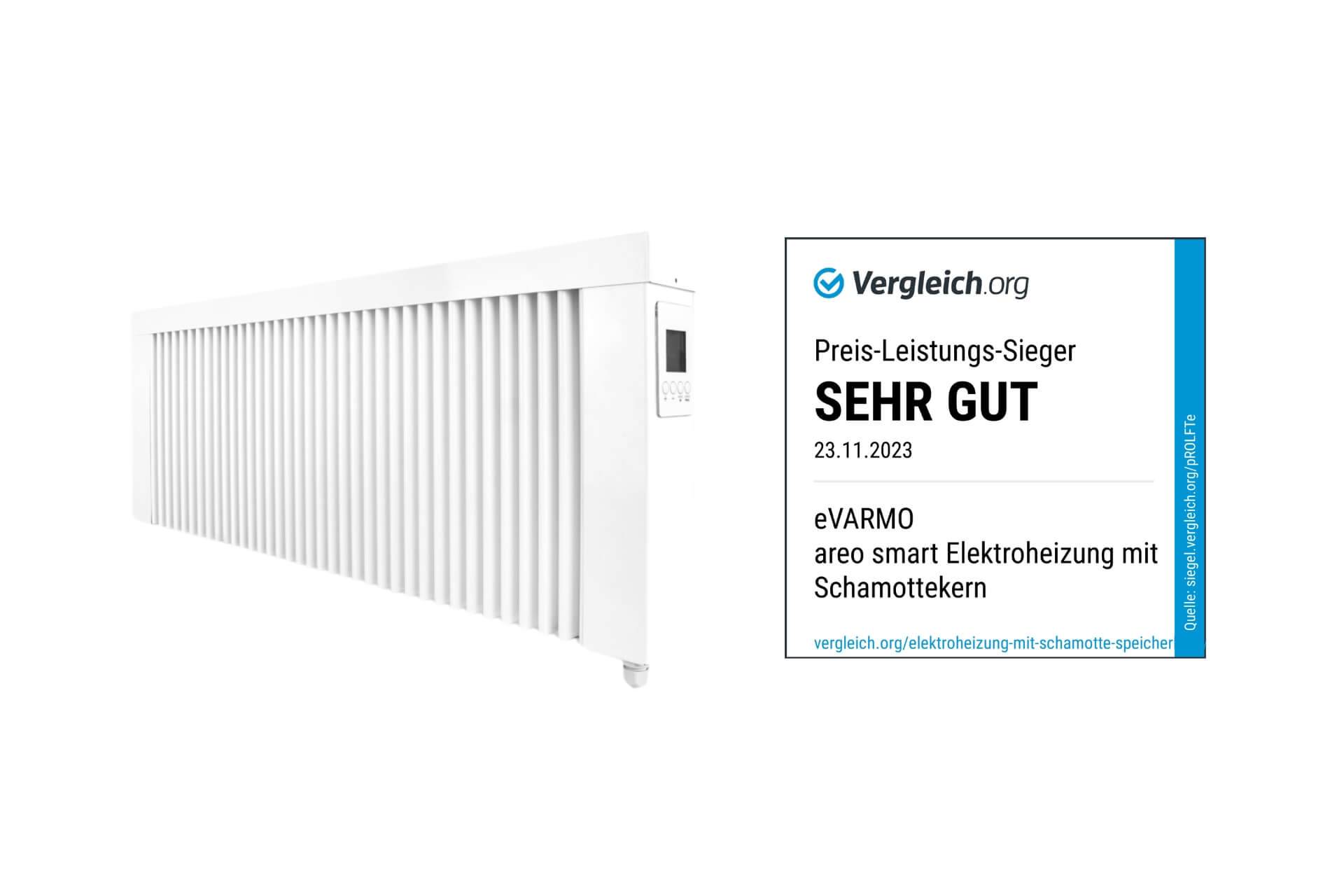 Elektroheizung areo smart base niedrige Flächenspeicherheizung 1600 Watt - digitales Thermostat mit LCD-Display - Option zur Appsteuerung von eVARMO
