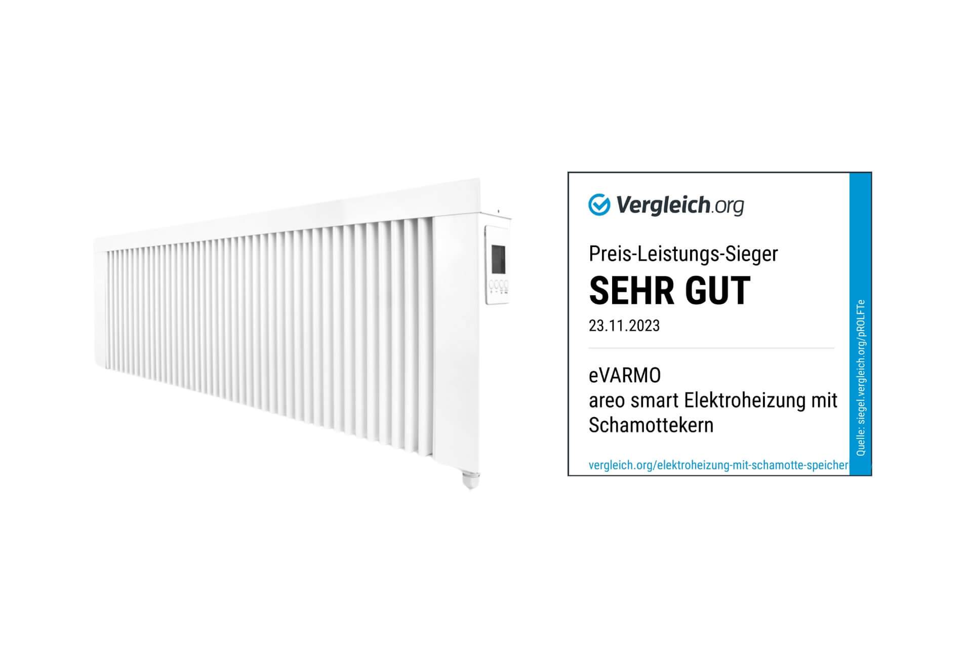 Elektroheizung areo smart base niedrige Flächenspeicherheizung 2000 Watt - digitales Thermostat mit LCD-Display - Option zur Appsteuerung von eVARMO