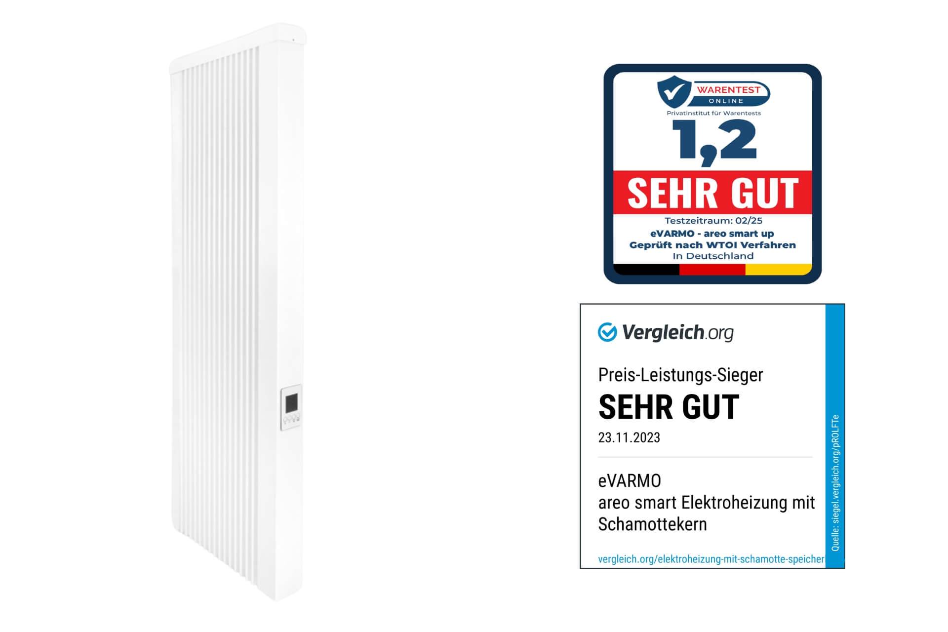 Elektroheizung areo smart up hohe Flächenspeicherheizung 1000 Watt - digitales Thermostat mit LCD-Display - Option zur Appsteuerung von eVARMO