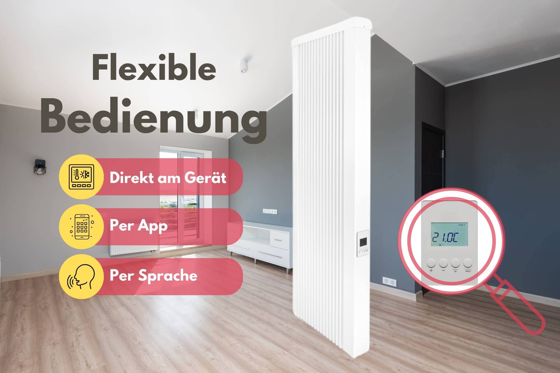Elektroheizung areo smart up hohe Flächenspeicherheizung 1500 Watt - digitales Thermostat mit LCD-Display - Option zur Appsteuerung von eVARMO