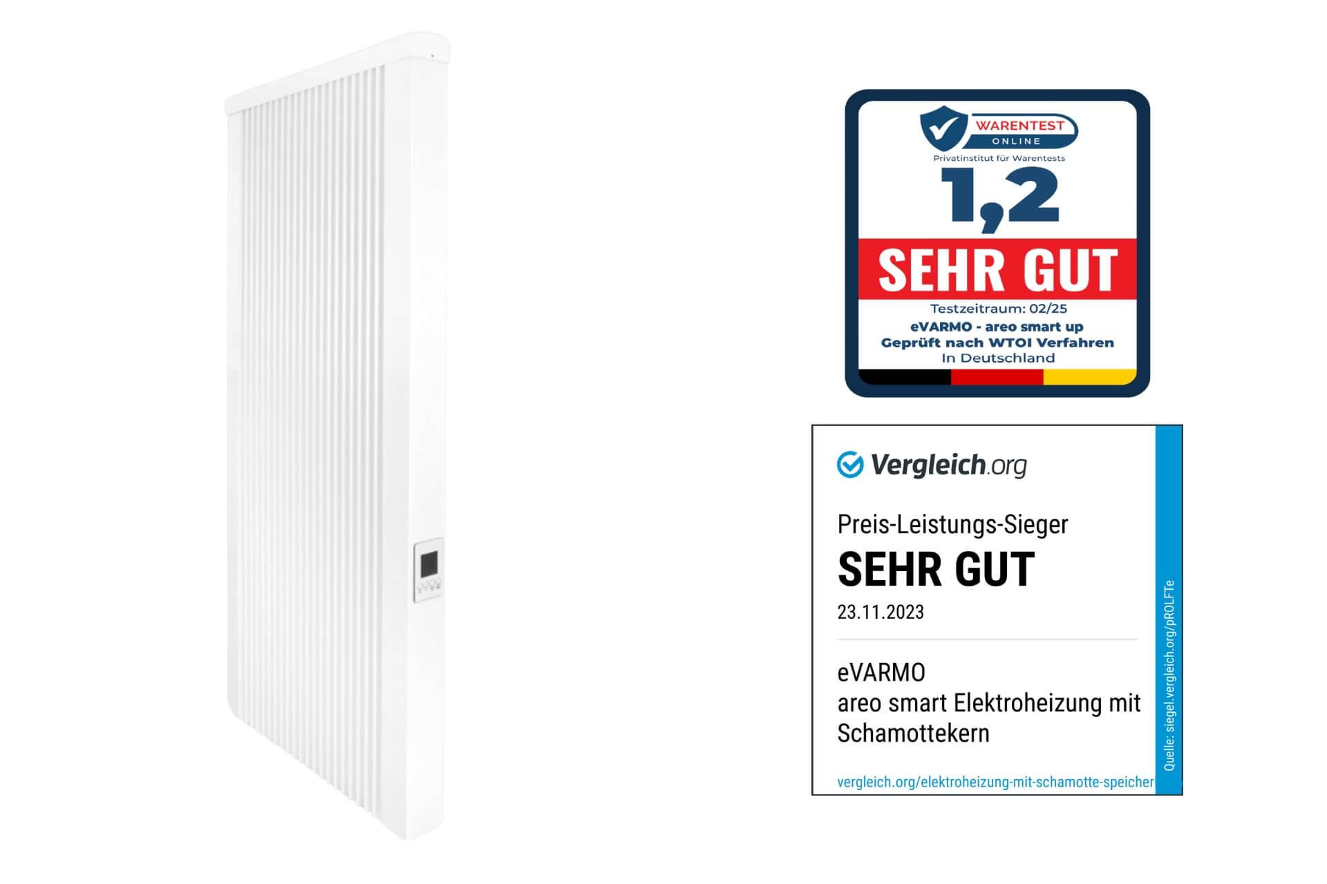 Elektroheizung areo smart up hohe Flächenspeicherheizung 1500 Watt - digitales Thermostat mit LCD-Display - Option zur Appsteuerung von eVARMO