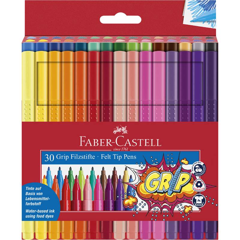 Ein Set von 30 bunten Filzstiften von Faber-Castell in einer Box, die farbenfrohe Stiftspitzen und Illustrationen mit Griffeigenschaften zeigt.