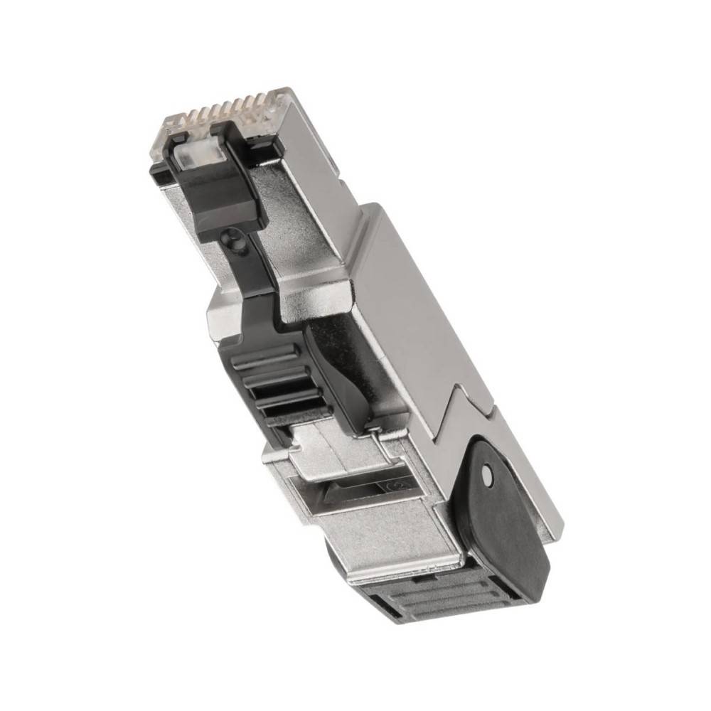 Ein metallischer modularer Stecker mit Verriegelungsriegel, der für Ethernet-Kabel in Netzwerkverbindungen verwendet wird.
