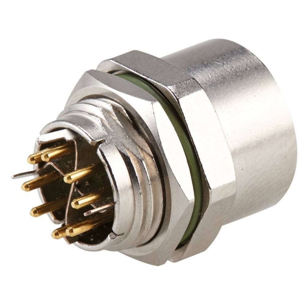 Ein Nahaufnahmebild eines silbernen Metall-Elektroverbindersteckers mit mehreren goldenen Pins, der den Gewindeabschnitt und die sechseckige Basis zeigt.
