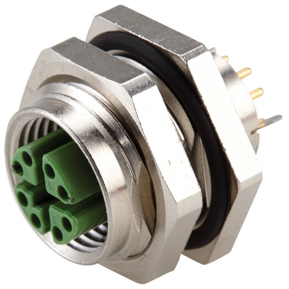 Ein silberner sechseckiger elektrischer Stecker mit einem grünen Kunststoffinneren und mehreren Metallstiften, verwendet zum Anschluss von Kabeln oder Geräten.