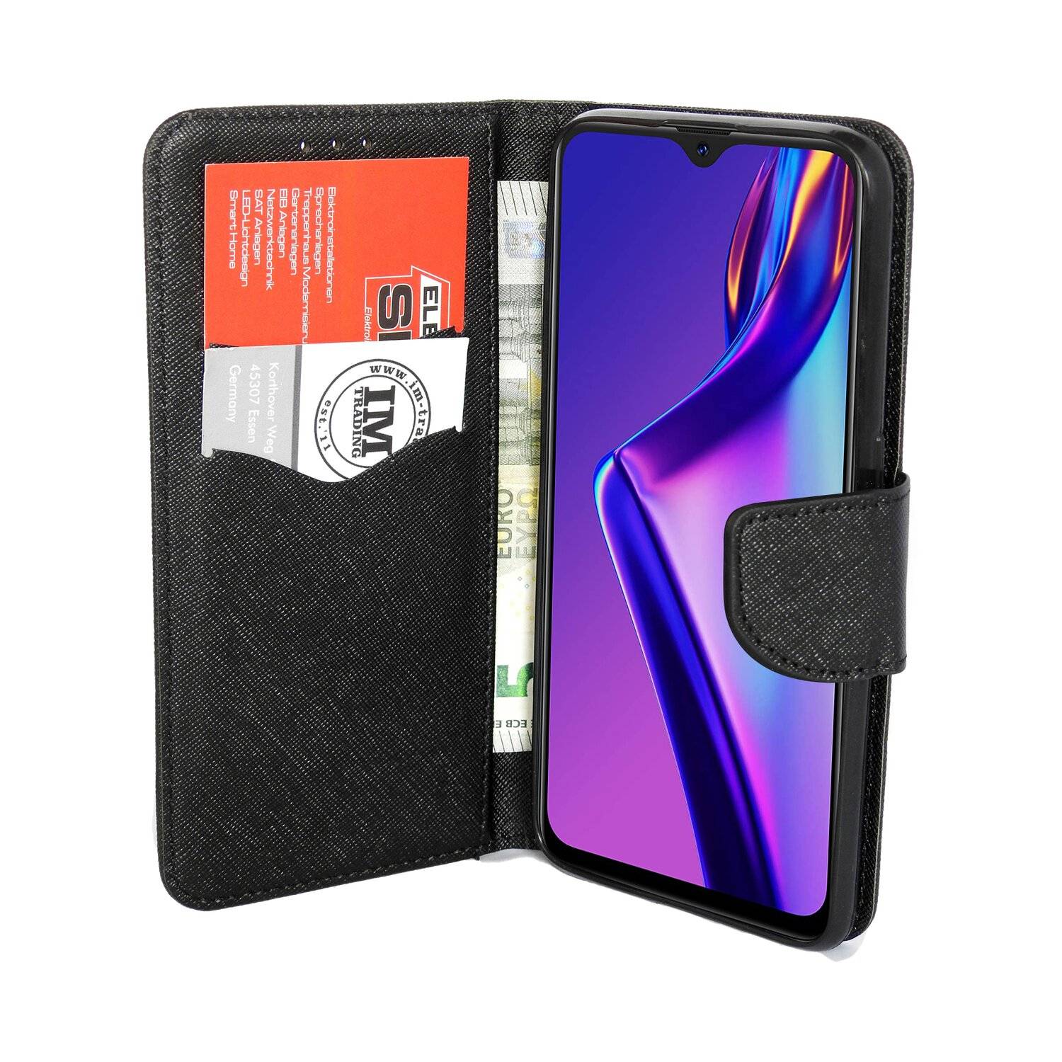 Buchtasche "Fancy" für Oppo A12 Handy Hülle Etui Brieftasche Schutzhülle mit Standfunktion, Kartenfach Schwarz