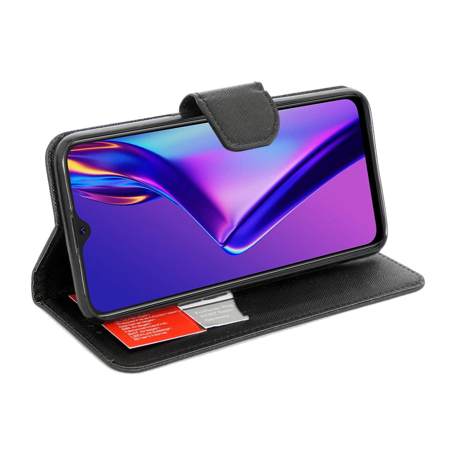 Buchtasche "Fancy" für Oppo A12 Handy Hülle Etui Brieftasche Schutzhülle mit Standfunktion, Kartenfach Schwarz