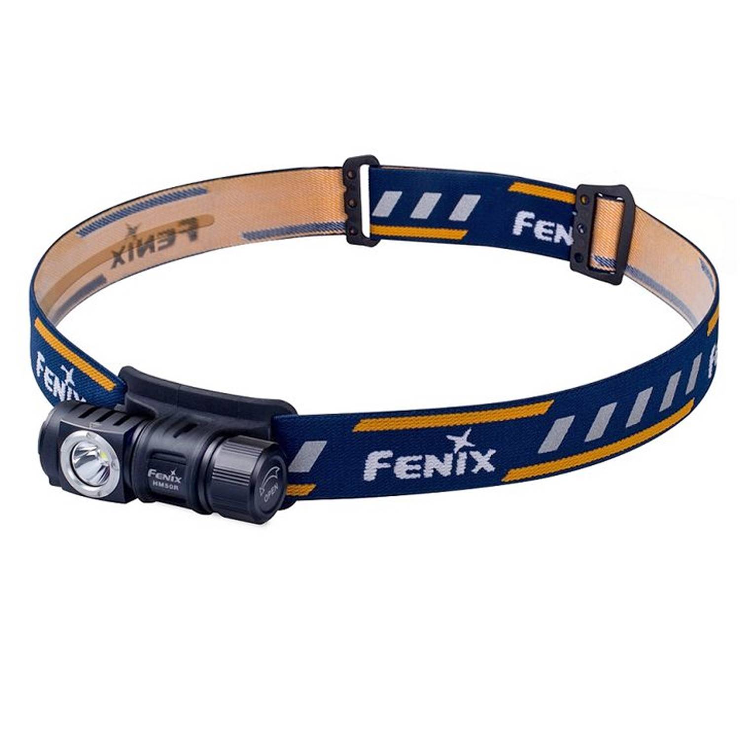 Blaue Fenix-Stirnlampe mit verstellbarem elastischem Kopfband und frontalem LED-Licht, dargestellt auf weißem Hintergrund.